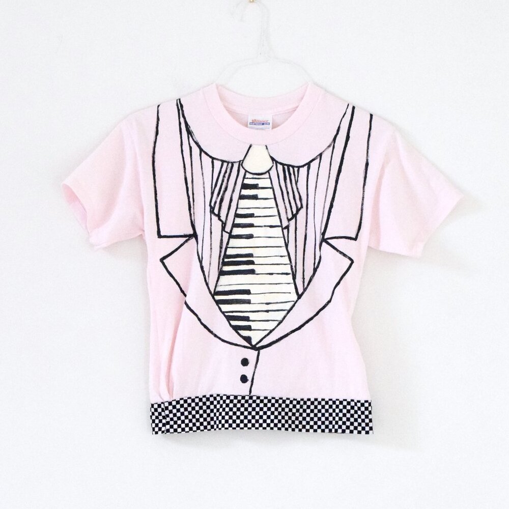 Pink Hand Painted Piano Tie Tuxedo T-shirt | Size L